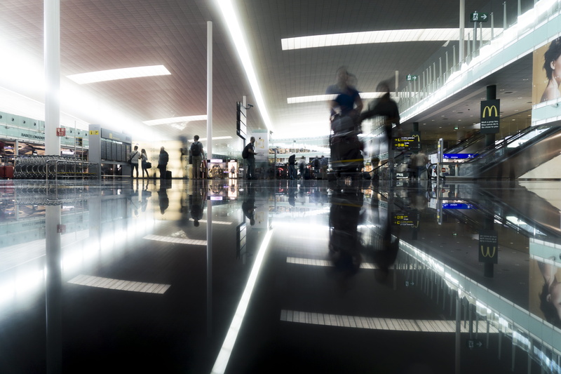 illuminated, lighting equipment, architecture, ads, modern, caddie, airport terminal, elevator, escalator, people, group of people, ceiling, tiled floor