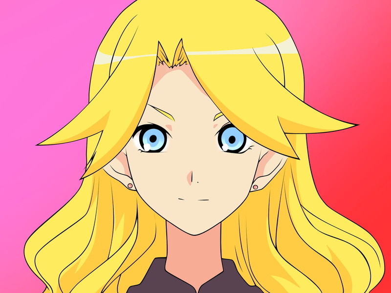 cartoon, smile, yellow background, 720P, front view, anime, digital composite, women, female, yellow, girl, obscured face, kimura kaere, eye, blonde, character