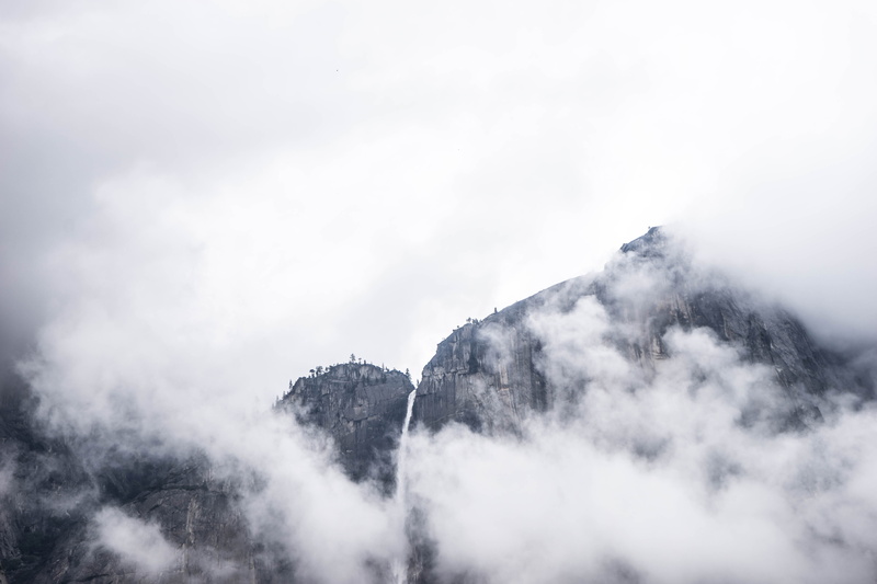 mist, scenics - nature, rugged, waterfall, 5K, cloud, fog, low angle view, clouds, rock, beauty in nature, mountain peak, cliff, day, nature, remote, daytime