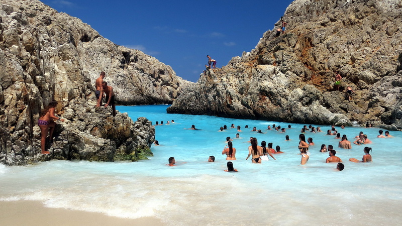 greece, trip, rocks, outdoors, sea, blue, formation, crete, lazur, view, holiday, the waves, crowd, group of people, land, beach, swimming, solid, men