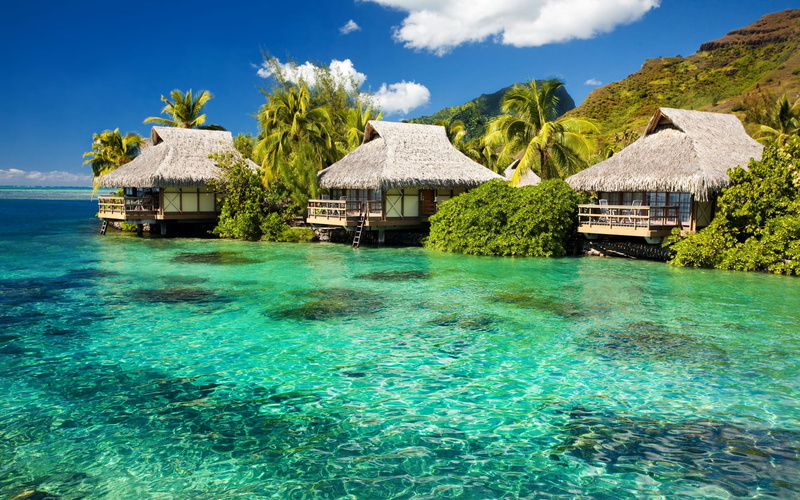 bora Bora, cottage, beach, coastline, hotel, tranquility, villa, relaxation, tourism, luxury, sand, beauty In Nature, hut, exoticism, building exterior