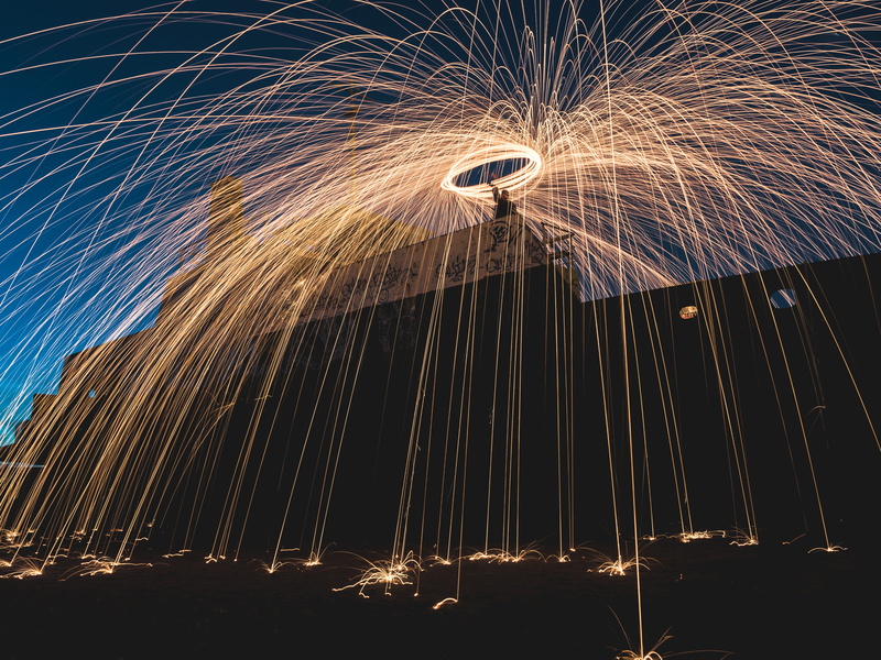 sparks, illuminated, glowing, long exposure, firework, wire wool, wool, event, abandoned, 5K, built structure, light trail, celebration, effect, fire