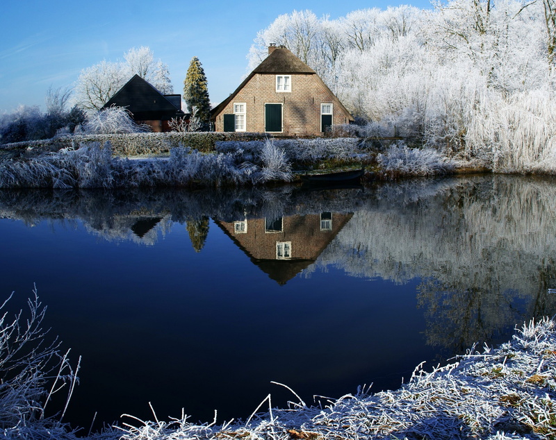 Winter, kromme, along, blue sky, Scenery, Europe, White, lake, Seasons, waterfront, Beauty, Photography, Rhijnauwen, sky, concrete, Beautiful, 2K, Frosty