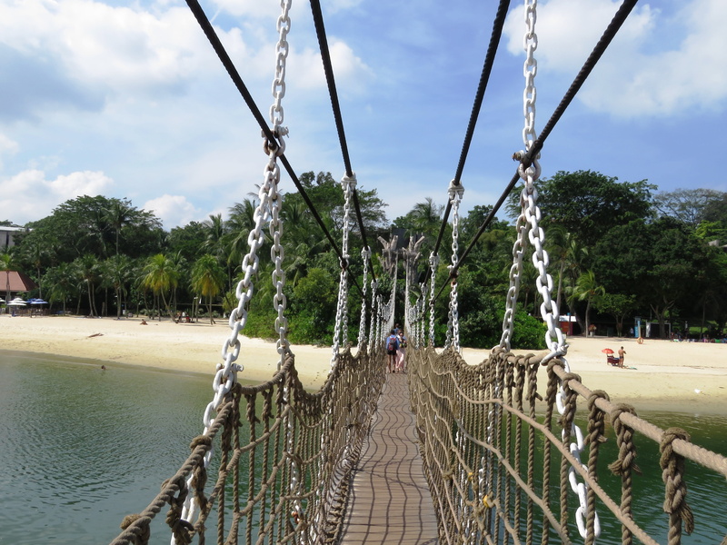 quiet, holiday, tourism, sentosa beach, coconut, travel, railing, cloud - sky, Rope Bridge, ocean, sea, Sentosa, incidental people, outdoors, plant, blue