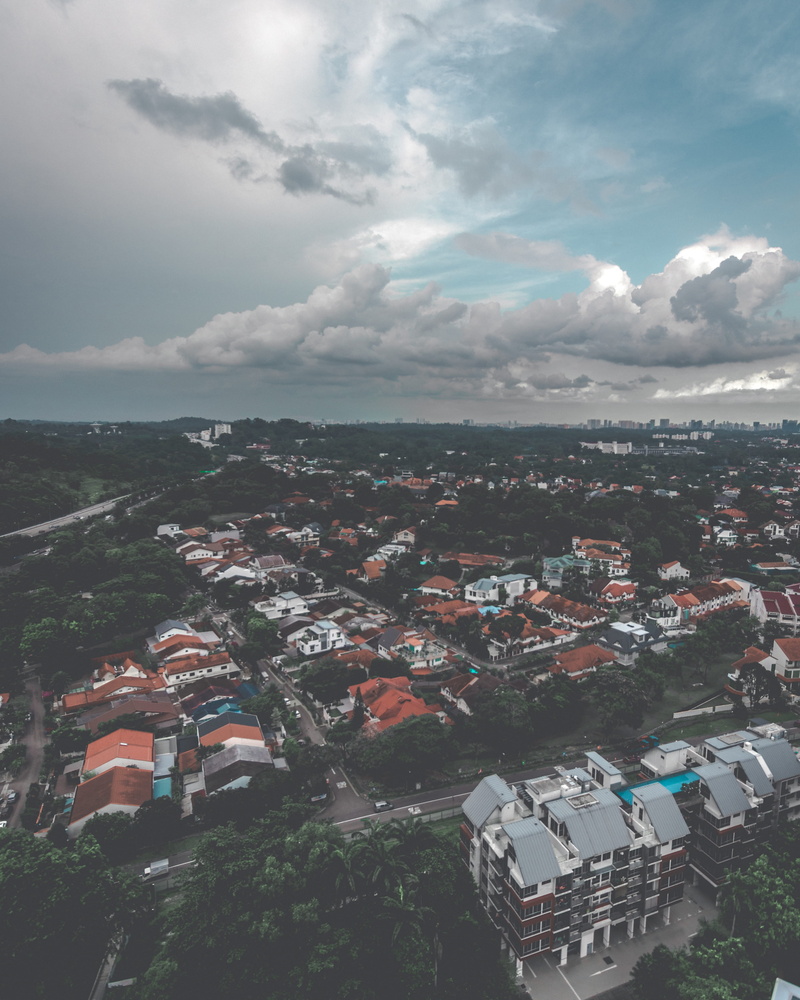 buildings, sky, environment, building exterior, singapore, cloudy, built structure, no people, transportation, residential district, drone, building, canon