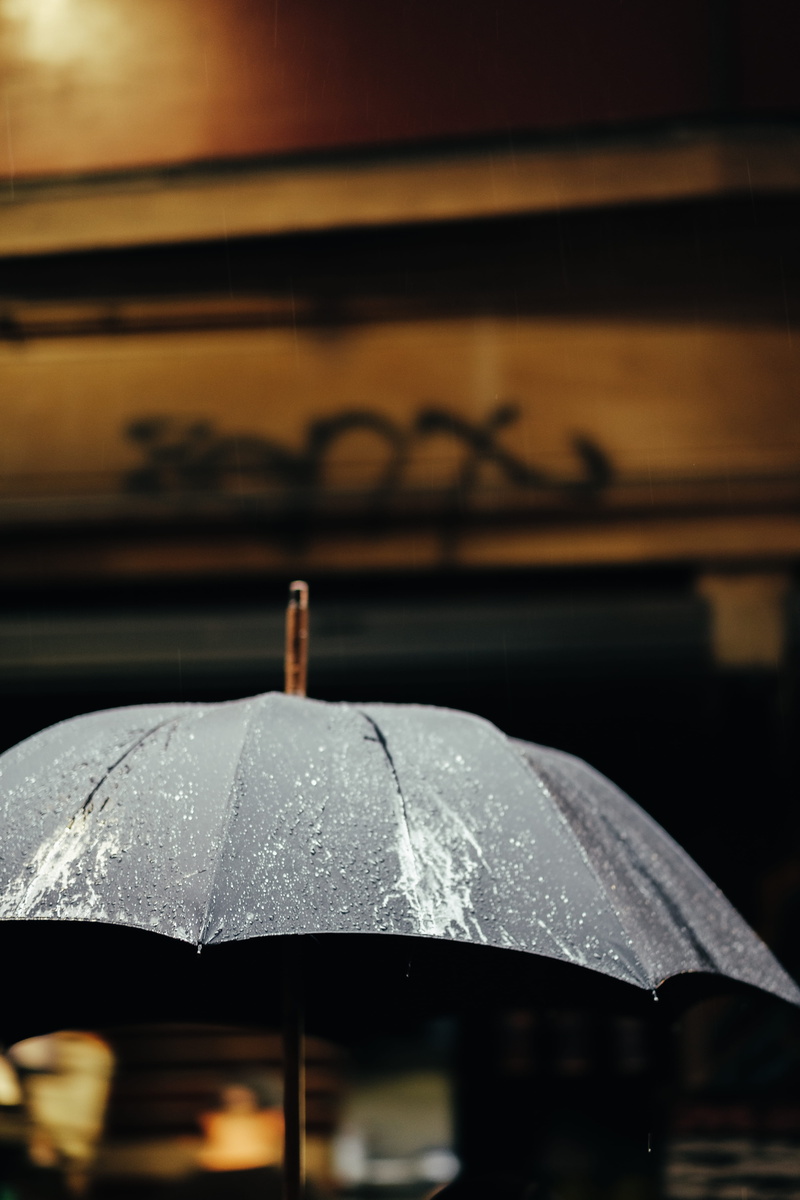 protection, detail, rainy season, silhouette, patio umbrella, umbrella, wet, water, raindrop, no people, contrast, color, melbourne, reflection, street