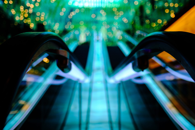 connection, indoors, shopping mall, blue, futuristic, st. collins lane, lighting equipment, melbourne, no people, night, escalators, fujifilm, australia