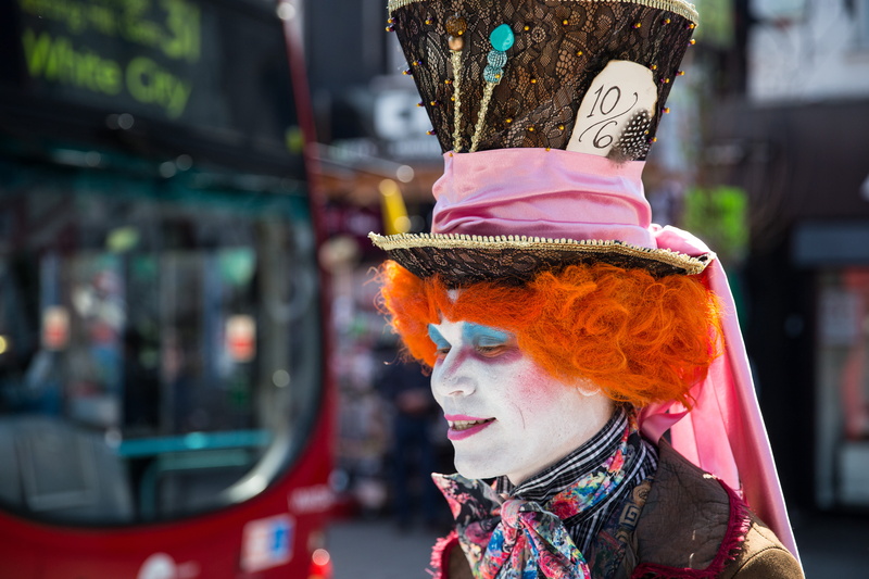 hat, lifestyles, celebration, outdoors, city, captured, headdress, london, adult, gentleman, headshot, weirdo, street, high, incidental people, silly, clothing