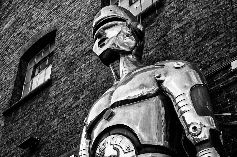 low angle view, day, no people, outdoors, human representation, white, statue, black, Camden, urban, central, creativity, art and craft, sculpture, built structure