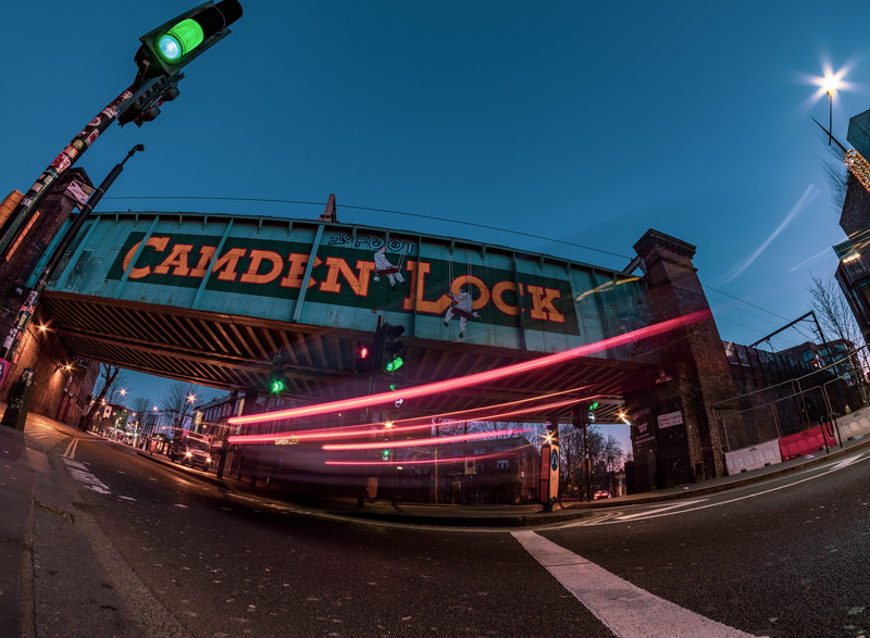 camden, sky, road, illuminated, western script, blurred motion, speed, signage, built structure, long exposure, sign, outdoors, 5K, transportation, building exterior