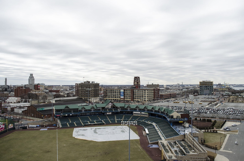 cloud - sky, high angle view, built structure, New Jersey, camden, day, overcast, building exterior, tower, sky, building, landmark, outdoors, urban, metropolitan