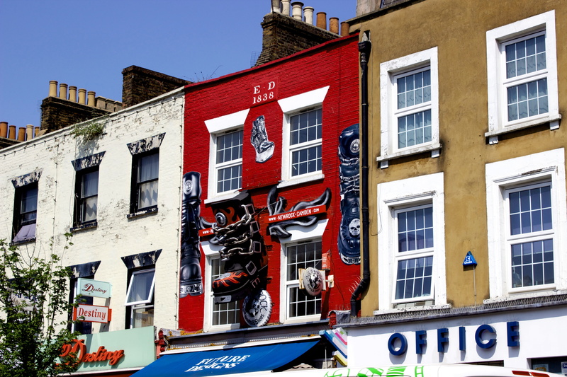 building, shopping, colorful, old, mode of transportation, communication, row house, outdoors, canal, shops, red, residential district, no people, england