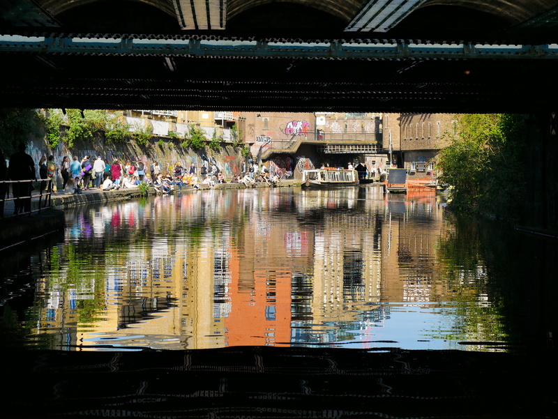 canal, built structure, building exterior, lake, waterfront, tree, people, london, reflection, mode of transportation, nature, bridge, camden lock place