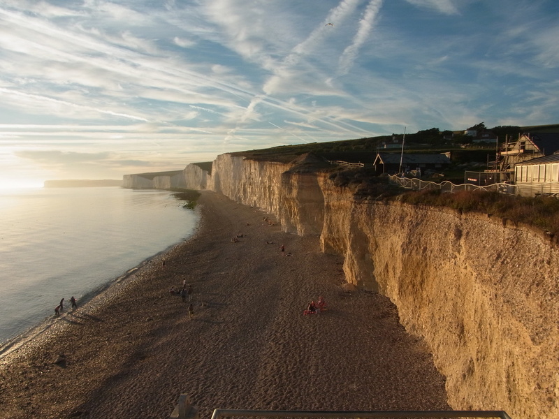 coastline, Seven Sisters, nature, scenics, outdoors, sky, sand, scenics - nature, sunset, england, Cliff, beach, water, sunlight, coast, built structure