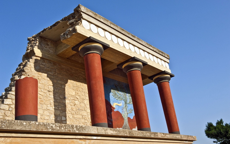 the past, architecture, brick, history, crete, travel, architectural column, greece, sunlight, built structure, day, 1080P, blue, outdoors, ancient, knossos