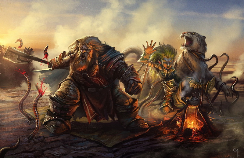 art, cat, 1080P, smoke, worms, halt, girl, the fire, dwarf, axe, attack, Land of Fallen Stars, tiger