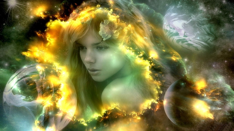 nebula, women, space, stars, flowers, 720P, planets, bubbles, fantasy