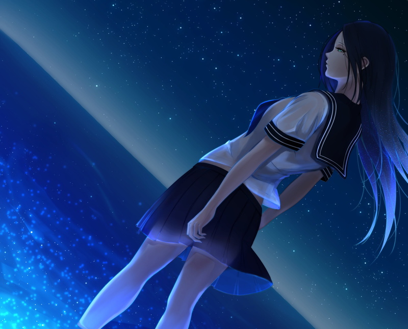 star, young adult, 2K, nature, blue background, the sky, young women, leisure activity, blue, illustration, stars, standing, astronomy, side view, form