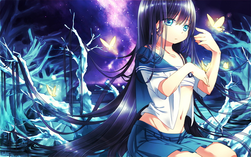 anime, stars, the sky, form, butterfly, keluy, 1080P, art, water, girl, schoolgirl