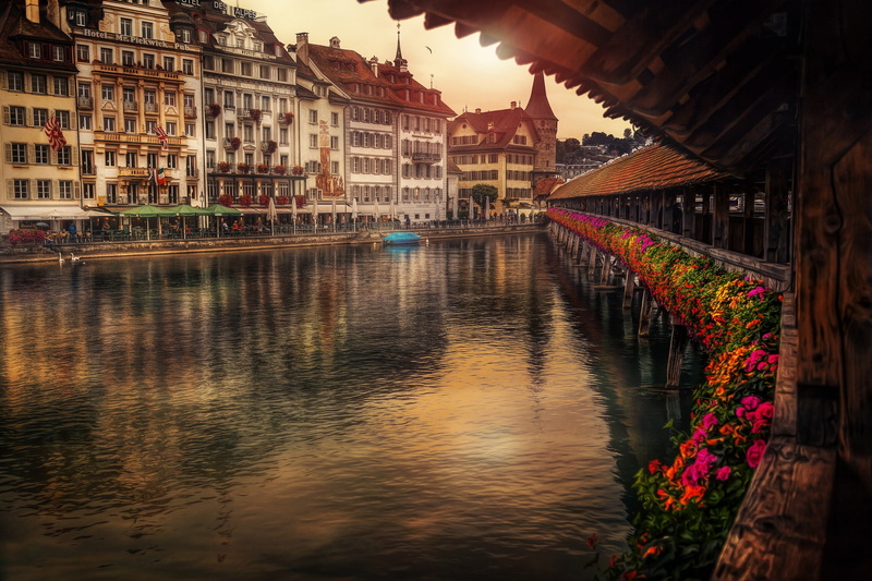 promenade, flowers, bridge, river, Lucerne, Switzerland, the the Chapel bridge, the river Reuss, building, Reuss River, Chapel bridge, 1080P