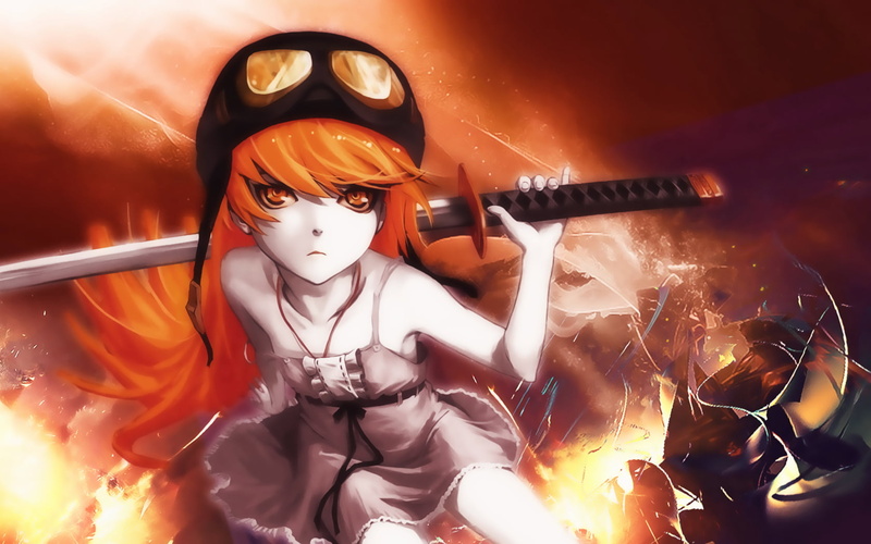 occupation, vampires, front view, indoors, sign, gas mask, holding, disguise, Oshino Shinobu, anime girls, one person, safety, katana, real people, protective workwear