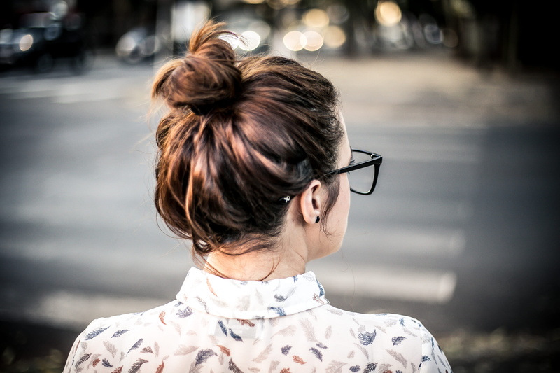 fashion, adorable, profile view, city, one person, person, adult, hair, eyeglasses, outdoors, lifestyles, girl, hair bun, portrait, 4K, glasses, woman