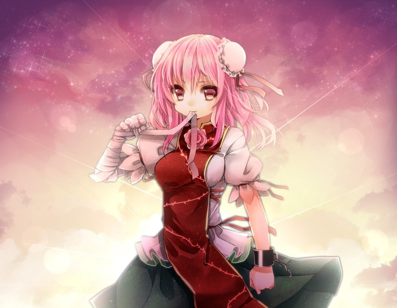 ribbons, eyes, bandages, pink, touhou, ibaraki, clothes, stars, ornaments, video, flowers, roses, tabard, skirts, hair, handcuffs, kasen, bun, skyscapes