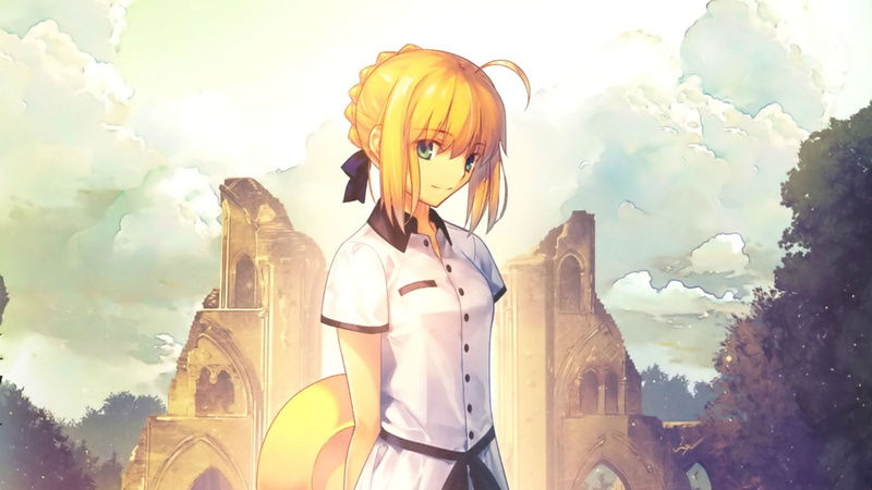 art and craft, nature, architecture, sky, 1080P, saber hair bun bangs blonde ribbon green eyes alternate outfit fate series smiling solo clouds landscape looking at viewer anime girls