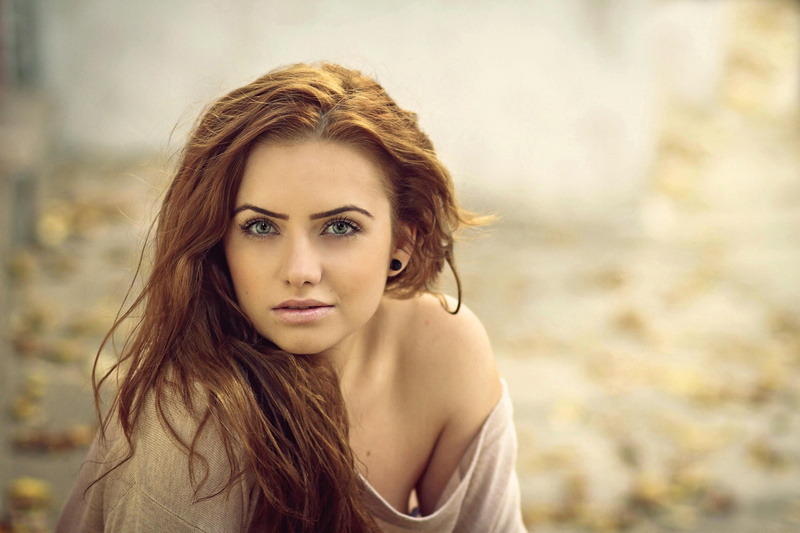 bokeh, green-eyed, portrait, eyes, girl, red, haired, red-haired, 1080P