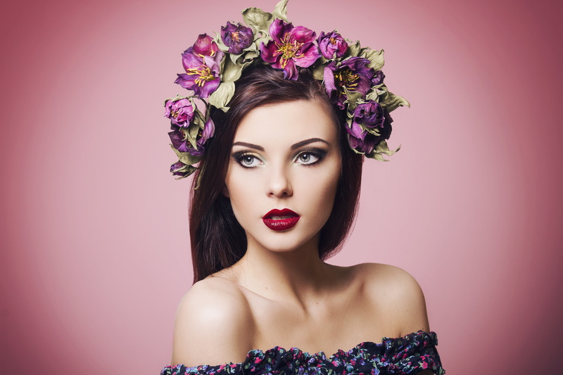 looking at camera, flowering plant, hair Salon, people, background, hairstyle, elegance, shoulder, purple, girl, luxury, s, hair, floral pattern, portrait
