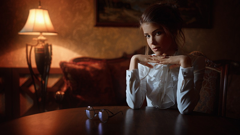one person, illuminated, women, warm colors, 720P, night, electric lamp, depression - sadness, table, portrait, white shirt, sitting, brunette, drink