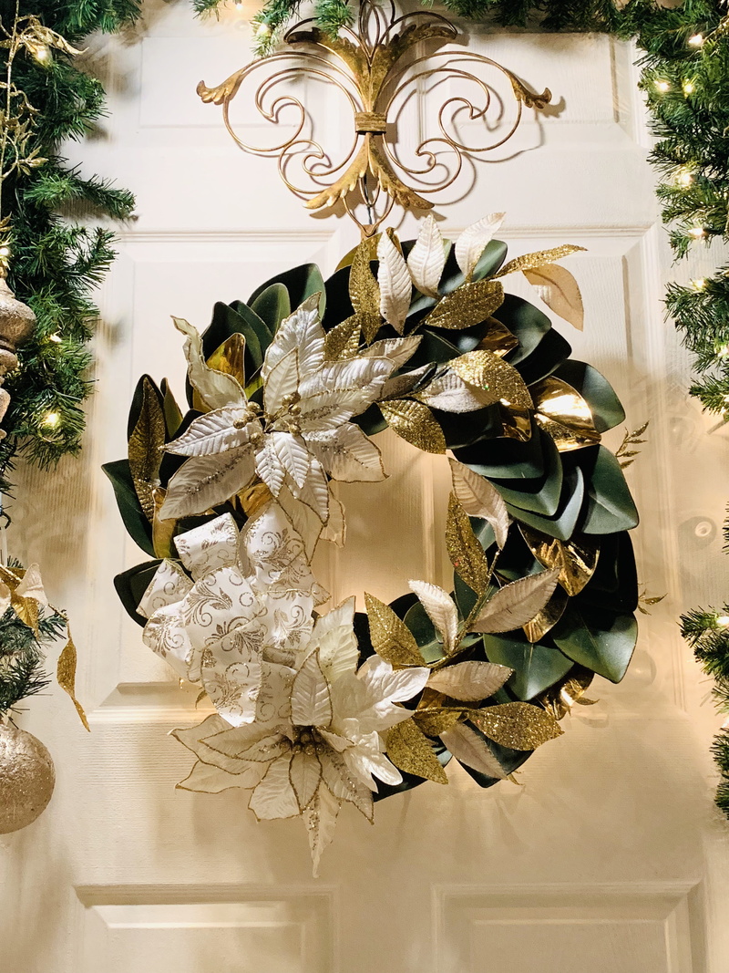 golden, ornate, christmas decorations, home interior, holiday, art and craft, creativity, illuminated, Christmas ornaments, wreath, indoors, colors, christmas ornament