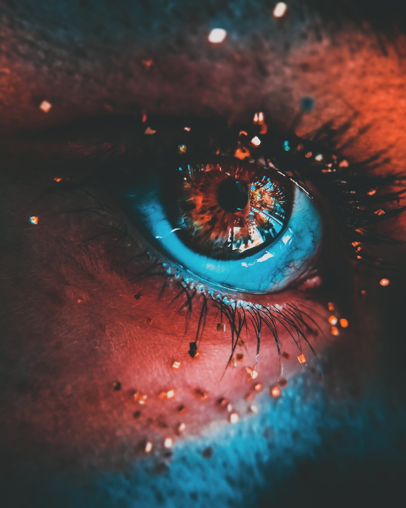 eyes, close-up, gold, macro, sensory perception, paint, selective focus, sequins, indoors, eyesight, eyelashes, eyeball, extreme close-up, glitters, iris - eye