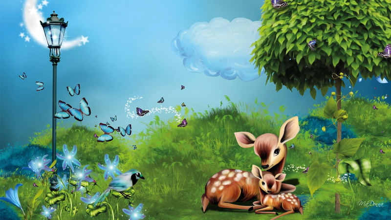 children, moon, twilight, fairy tale, sweet, fawns, deer, 1080P, butterfly, butterflies, crescent, field, flowers, grass, papillon