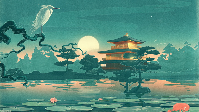 moon, asian, bird, digital/artwork, 2K, night, lilypad, hd, trees, lake, blue