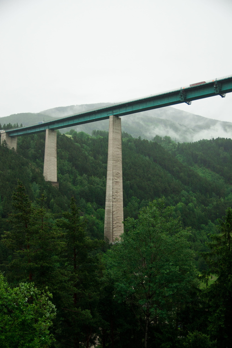 forest, europe, building, brenner pass, green color, foliage, steel concrete structure, sky, car bridge, no people, connection, land, europe bridge, south tyrol
