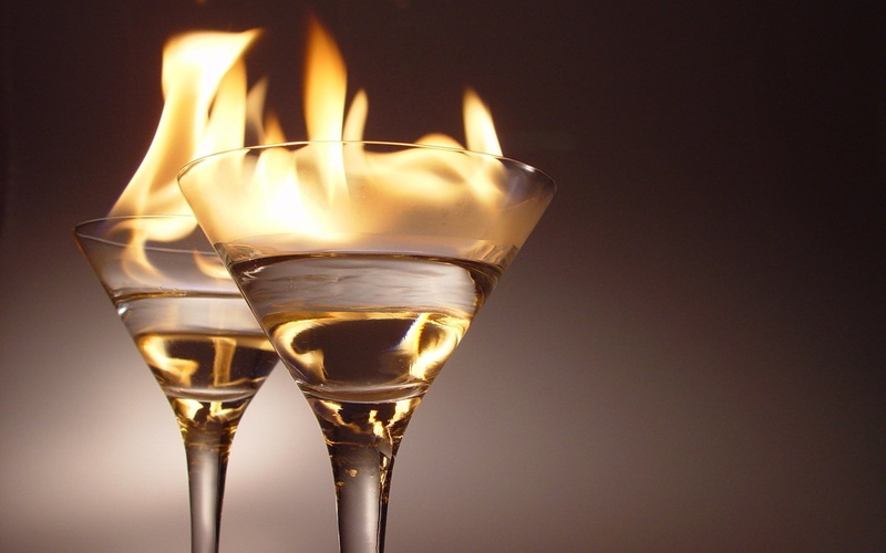 two, clear, wine, Elemental, glasses, burning, food and drink, alcohol, indoors, Fire, close-up, heat - temperature, drink, Artistic, champagne flute, no people