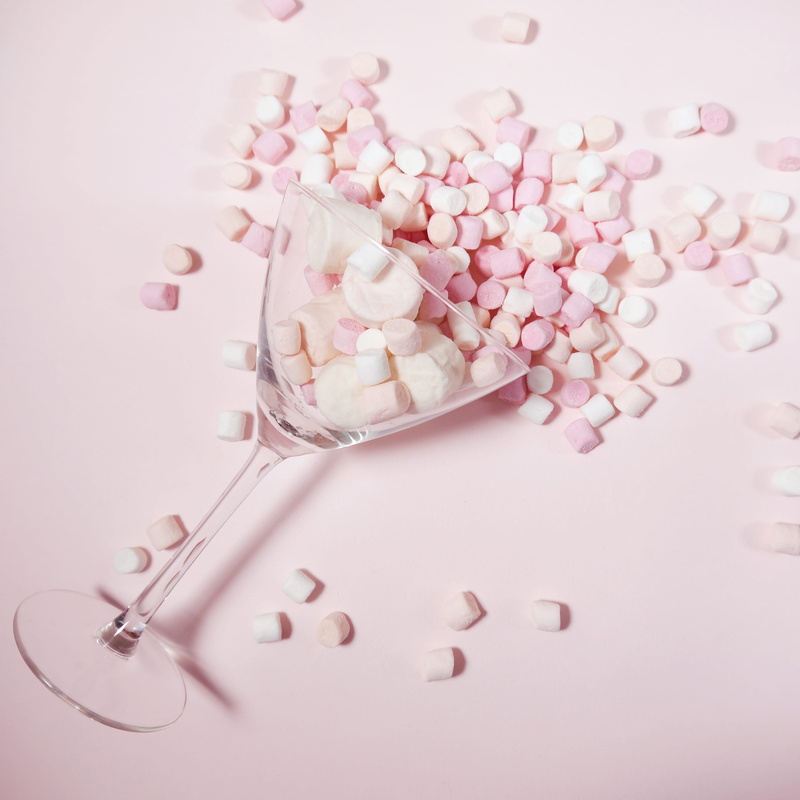studio shot, pink, flatlay food, high angle view, sweet food, white background, 2K, food, temptation, indoors, no people, food and drink, excess, martini glass