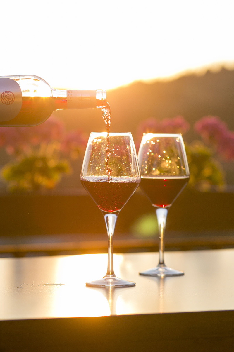 two, bottle, glass - material, table, red wine, drinking glass, cocktail, household equipment, transparent, glasses, drink, sunset, freshness, chill, lens flare