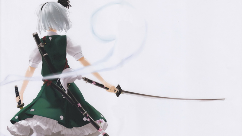 katana, girls, samurai, rokuwata, band, wield, konpaku, background, white, youmu, dress, hair, weapons, anime, 4K, myon, scans, video, ghosts, simple
