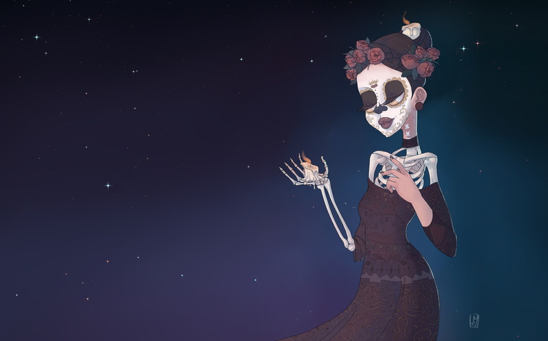 Candle, Holy Death, Characters, 4K, Skeleton, Sophie Maleval, Bone, by Sophie Maleval, Santa Muerte, Fantasy, Art