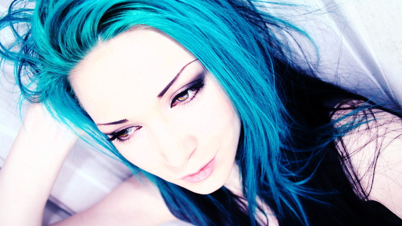 mascara, hairstyle, indoors, women, long hair, headshot, 1080P, young adult, young women, beautiful woman, blue hair, make-up, beauty, close-up, eyeshadow