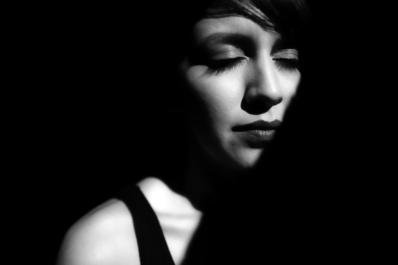 5K, portrait, monochrome, human body part, young women, real people, model, black background, contemplation, closed, indoors, beautiful woman, looking