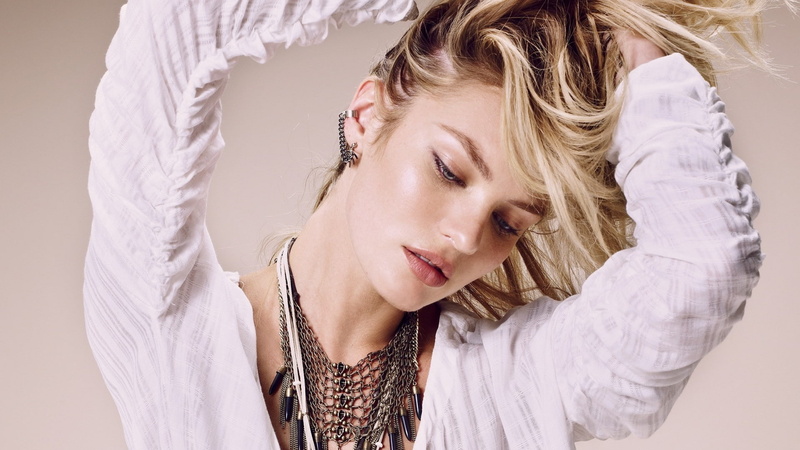 1080P, makeup, portrait, Candice Swanepoel, necklace, women, model, arms up, face, blonde