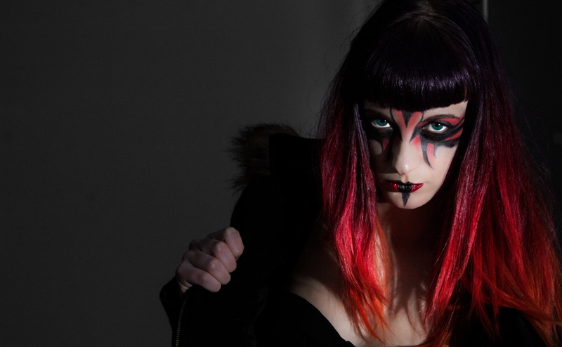 model, headshot, young adult, make-up, makeup, dark, evil, beauty, redhead, hairstyle, front view, 1080P, black background, 500px, portrait, young women