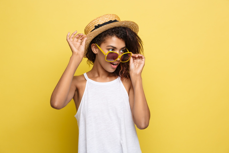 mulatto, glasses, girl, 5K, hat, Mike, yellow background