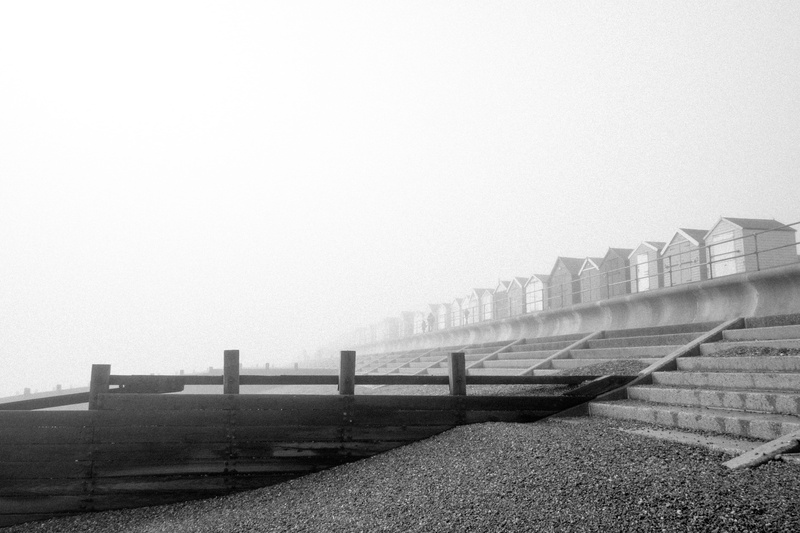 fog, tranquility, bandw, misty, water, uk, environment, copy space, beach huts, east anglia, felixstowe, foggy, nature, built structure, clear sky, sky