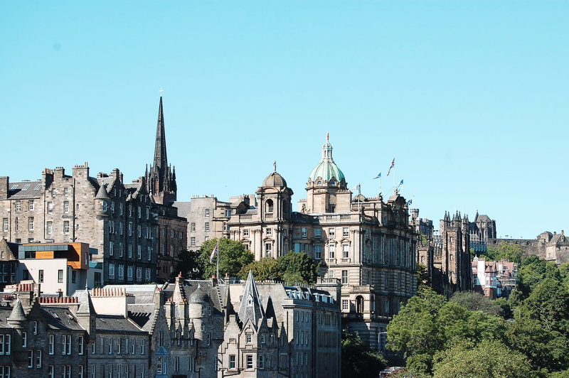 building exterior, spire, travel destinations, trees, belief, the past, united kingdom, castle, outdoors, edinburgh, medieval, sky, brick, day, urban, spirituality