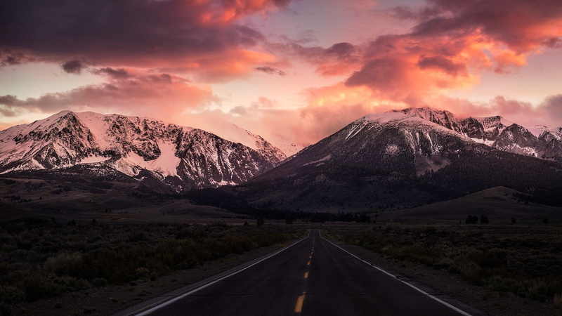 highway, mountain range, afternoon, road, pink clouds, 1080P, landscape, mountains
