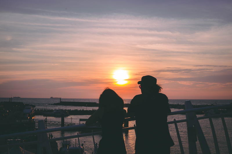 adult, taiwan, tamsui, leisure activity, bonding, lover, real people, lifestyles, taipei, looking at sunset, standing, sunset, scenics - nature, sunset on the sea